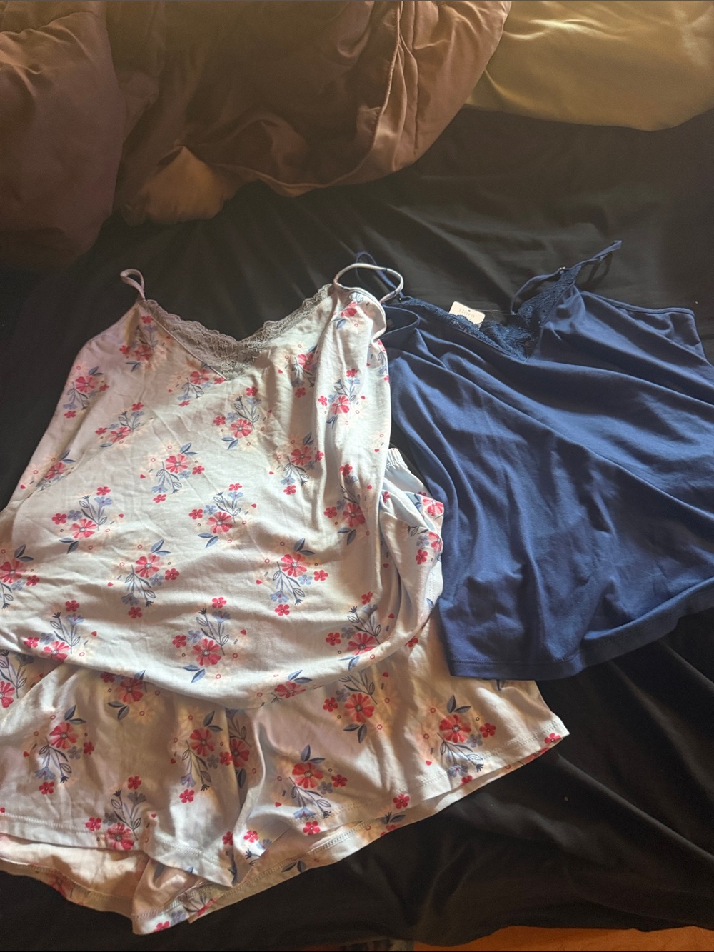 T.J.Maxx Floral Cream & Pink Lace Trim Pajama Set with Blue Tank Top